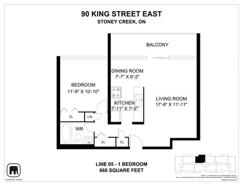 Floor plan for 1 bed, 1 bath, 668 sqft